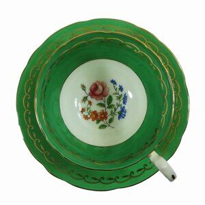 Vintage 1930's AYNSLEY B5349 Bone China Cup & Saucer Floral ~ Green & Gold Trim